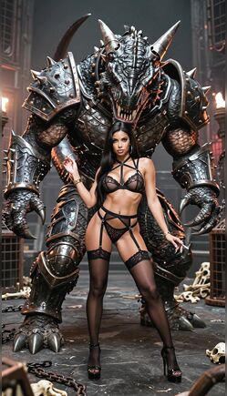 Seductive Brunette Poses with Giant Armored Dragon Beast
