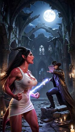 Demon Warrior Confronts Mage in Moonlit Ruins