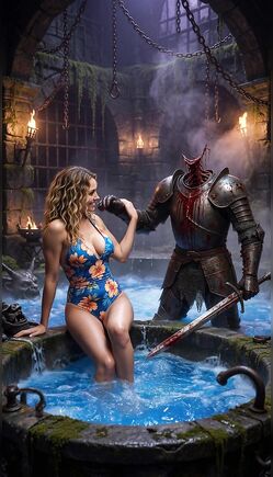 Knight Guards Woman Bathing in Dark Dungeon Pool