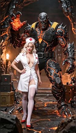 Nurse Encounters Lava Monster in Fiery Sci-Fi Scene