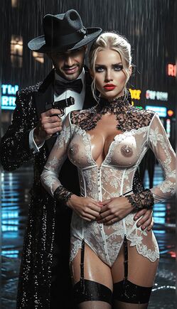 Mysterious Couple Poses in Lace Outfit City Night