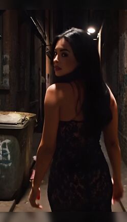 Brunette Walks Through Dark Alley in Lace Dress