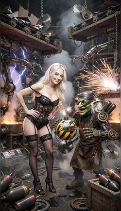 Blonde Woman and Goblin Engineer in Steampunk Workshop Chaos