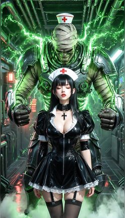 Dark Nurse Confronts Mutant in Electrified Lab Scene