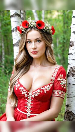 Forest Maiden in Red Dress Among Birch Trees
