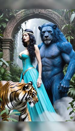 Blue Beast and Seductive Brunette with Tiger in Jungle