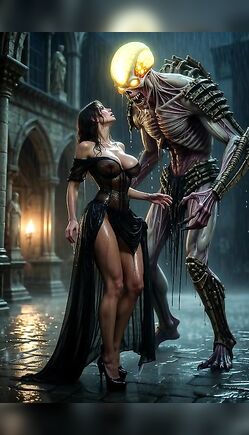 Brunette Seduced by Glowing Eyed Skeleton Monster
