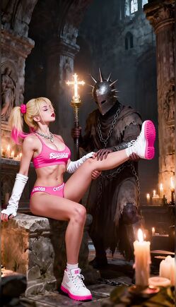 Harley Quinn Inspired Blonde Poses For Dark Armored Knight