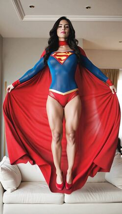 Superheroine in Red Cape Posing Indoors Scene