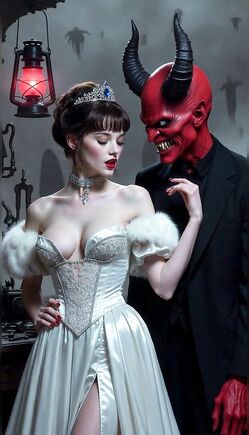 Demon Companion Seduces Elegant Woman in Dark Room