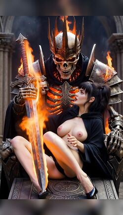 Demonic Warrior with Flaming Sword and Cloaked Woman