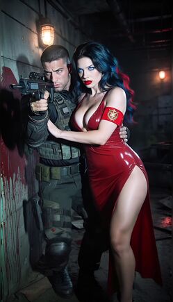 Armed Soldier Escorting Woman in Red Dress Corridor