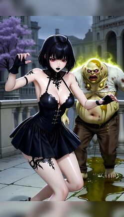 Anime Gothic Girl Confronts Zombie Creature Outdoors