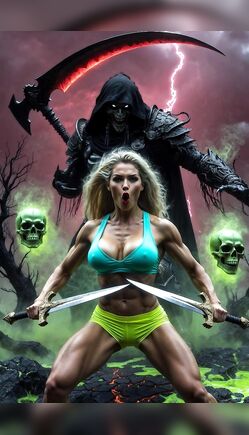 Warrior Woman Battles Grim Reaper in Dark Fantasy