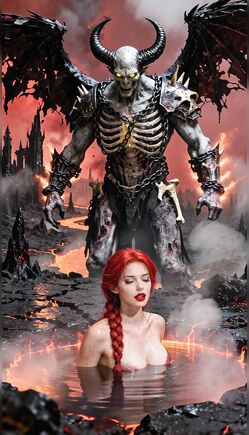 Demonic Creature Rises Behind Redhead in Lava Scene