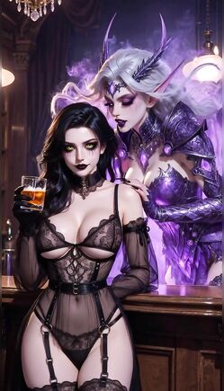 Dark Elf and Demon Woman in Fantasy Bar Scene