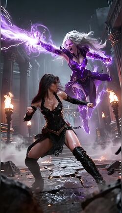 Sorceress Attacks Warrior with Lightning in Dark Arena