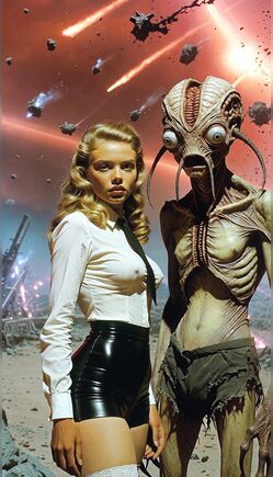 Blonde Woman and Alien in Sci-Fi Apocalypse Scene