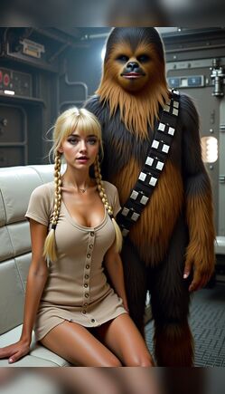 Blonde Babe Posing Seductively with Chewbacca in Spaceship