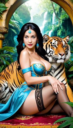 Voluptuous Brunette Beauty Posing with Majestic Bengal Tiger