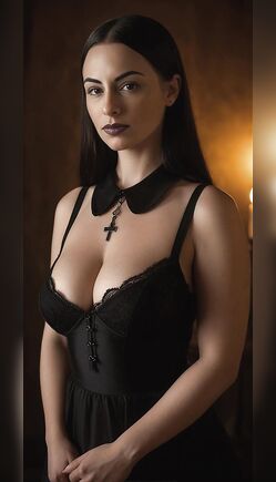 Brunette Gothic Woman in Black Lace Dress Poses