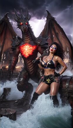 Brunette Warrior in Leather Bikini Battles Ocean Dragon