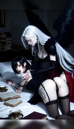 White Haired Succubus Seduces Tattooed Babe in Bedroom