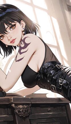 Tattooed Beauty in Leather Corset Bends Over Library Desk