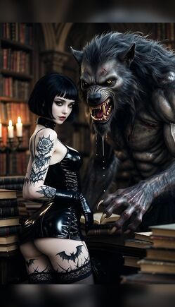 Tattooed Goth Beauty Poses with Werewolf in Gothic Library