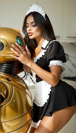 Brunette Maid in French Outfit Teases Golden Robot in Kitchen