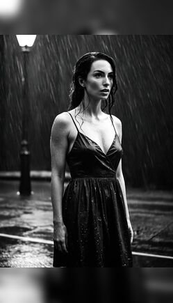 Brunette Babe in Wet Satin Gown Stands in Rain