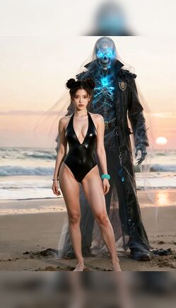 Brunette Babe in Swimsuit with Alien on Sunset Beach