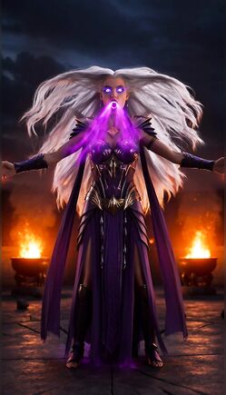 White Haired Sorceress Casts Purple Magic In Dark Temple