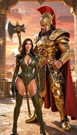 Amazon In Latex Bodysuit Stands With Golden Gladiator