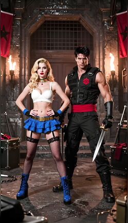 Blonde Barbarian In Miniskirt Poses With Warrior In Castle