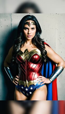 Brunette Superhero In Cape Poses Confidently Against Concrete Wall