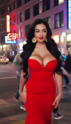 Curvy Brunette Babe In Red Dress Walks City Night