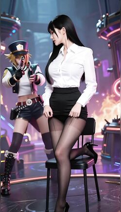 Elegant Model Posing In Cyberpunk Office Setting