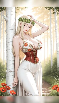 Blonde Elf In White Skirt Posing By Forest