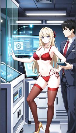 Blonde Anime Girl In Red Lingerie Posing Sci-fi