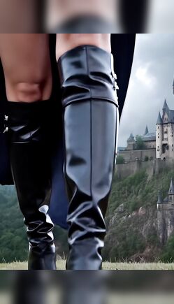 Brunette Heroine In Cape Walking Near Castle