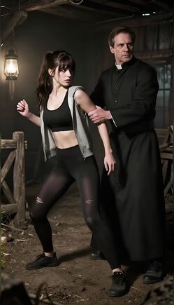 Brunette Victim Struggling With Priest Horror Scene