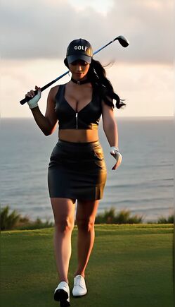 Brunette Golfer In Leather Skirt Sunset Golf