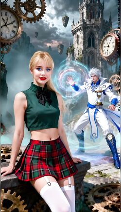 Blonde Schoolgirl In Plaid Skirt Steampunk Scene