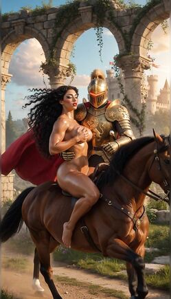 Knight Escorts Nude Beauty Through Ancient Castle Ruins