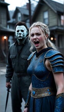 Blonde Warrior Flees Masked Slasher On Suburban Street