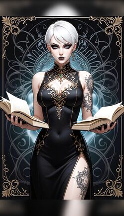 Silver Haired Gothic Woman Reads Ancient Occult Tome