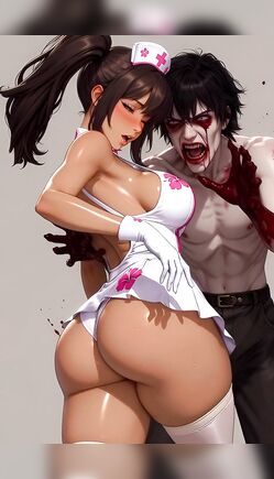 Tan Brunette Nurse Poses With Zombies In Horror