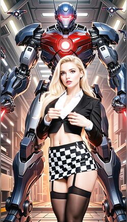 Blonde Poses In Crop Top Before Giant Robot