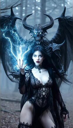 Horned Demoness Casts Blue Lightning In Dark Forest